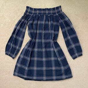 Abercrombie & Fitch Navy Plaid Off-Shoulder Dress